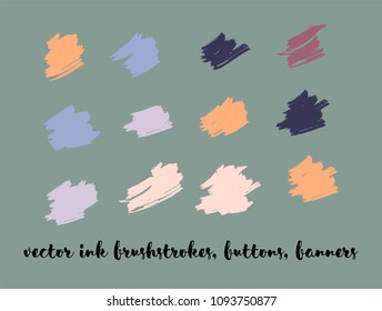 Funky Hand Drawn Vector Banners Set. Blue, Pink, Purple Logos, Paint Brush Lipstick Smears. Modern Textured Ads Background, Artistic Paintbrush Doodles. Glamour VIP Fashion Ink Vector Banners Set.