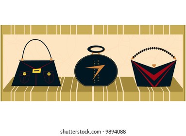 Funky Handbags In A Boutique Display. Fully Editable Vector