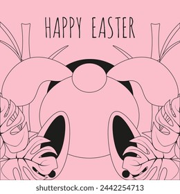 Funky Happy Easter greeting Card design with bunny ass in Hole. Easter holiday poster design in trendy monochrome style. Celebration art with pink rabbit. Vector illustration. EPS 10 Editable stroke