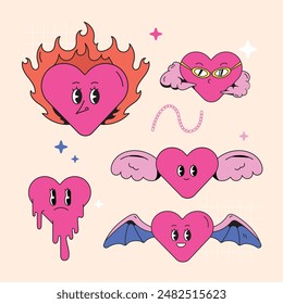 Funky happy heart character in trendy retro 60s 70s cartoon style. Vector illustration in pink red colors.