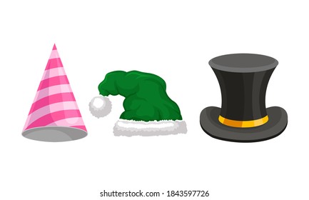 Funky Hats with Green Elf Cap and Magician Top Hat Vector Set