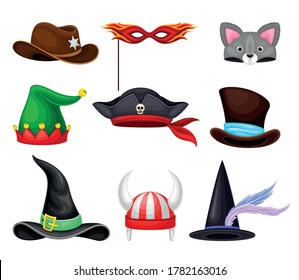 Funky Hats with Pointed Witch Hat and Green Jester Cap Vector Set