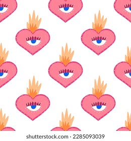 Funky heart with flame and one eye, Valentine's day seamless pattern - flat vector illustration on white background. Quirky love pattern. Hand drawn funny heart drawing.