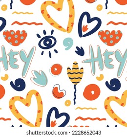 Funky heart and flowers vector pattern. Hey calligraphy. Motivated abstract phone wallpaper. Phone case design. Gift card. Wrapping paper.