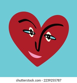 Funky heart with a lovely face. Freaky comic heart. Valentine's Day Card in modern doodle style. Vector illustration
