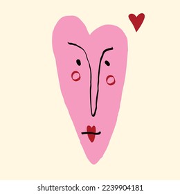 Funky heart with a sad face. Freaky comic heart. Bizarre Valentine's Day Card in modern doodle style. Vector illustration