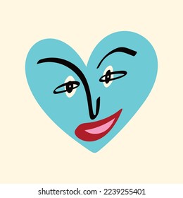 Funky heart with a smile face. Freaky comic heart. Valentines Day Card in modern doodle style. Vector illustration