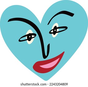 Funky heart with a smile face. Valentines Day Freaky comic heart in modern doodle style. Vector illustration