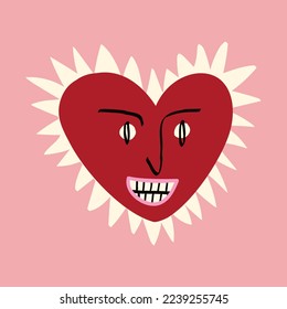 Funky Herz mit hässlichem Gesicht. Freaky Quirky Herz. Valentines Day Card im modernen Doodle-Stil. Vektorgrafik