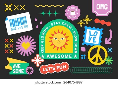 Funky hipster retrowave stickers in geometric shapes. Retro-style fun Y2K graphic collection of cool cute stickers, trendy patches, tags in groovy style. Vector illustration of y2k, 90s labels