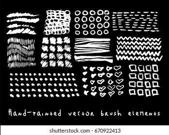 Funky hipster scribble black and white vector backgrounds set. Hand painted grey scale ink brush hearts, lines, strokes, squares, waves, crosses, circles. Dirty grunge artistic design elements.