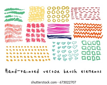 Funky hipster scribble vector backgrounds set. Hand painted colorful ink brush hearts, lines, strokes, squares, waves, crosses, circles. Dirty grunge artistic design elements.