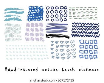 Funky hipster scribble vector backgrounds set. Hand painted colorful ink brush hearts, lines, strokes, squares, waves, crosses, circles. Dirty grunge artistic design elements.