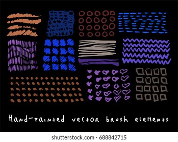 Funky hipster scribble vector backgrounds set. Hand painted colorful ink brush hearts, lines, strokes, squares, waves, crosses, circles. Dirty grunge artistic design elements.