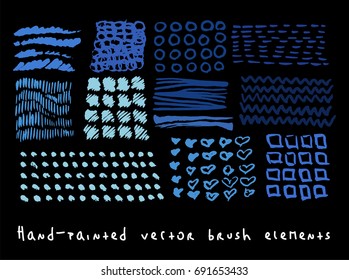 Funky hipster scribble vector backgrounds set. Hand painted colorful ink brush hearts, lines, strokes, squares, waves, crosses, circles. Dirty grunge artistic design elements.