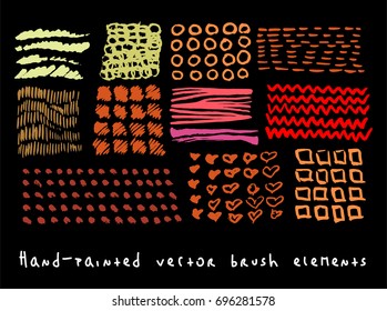 Funky hipster scribble vector backgrounds set. Hand painted colorful ink brush hearts, lines, strokes, squares, waves, crosses, circles. Dirty grunge artistic design elements.