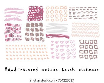 Funky hipster scribble vector backgrounds set. Hand painted colorful ink brush hearts, lines, strokes, squares, waves, crosses, circles. Dirty grunge artistic design elements.