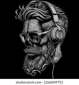 funky hipster skull wearing headphones a trendy and edgy illustration, featuring a skull with stylish headphones, conveying a sense of modernity and musicality