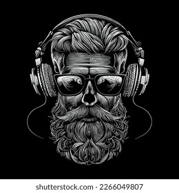 funky hipster skull wearing headphones a trendy and edgy illustration, featuring a skull with stylish headphones, conveying a sense of modernity and musicality