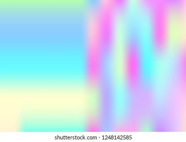 Funky Hologram Gradient Vector Background.Blurred Rainbow Colors Mesh Texture.Fairy Tale Magic Vector Design. Blur Pinky Turquoise Violet Yellow Shiny Gradient. Holographic Fluid Stains Vector Design