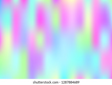 Funky Hologram Gradient Vector Background.Blurred Rainbow Colors Mesh Texture.Fairy Tale Magic Vector Design. Blur Pinky Turquoise Violet Yellow Shiny Gradient. Holographic Fluid Stains Vector Design