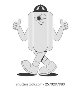 Funky hot dog character in baseball cap in retro groovy style. Psychedelic walking fast food mascot with face, hands and legs. Vector sticker in black monochrome palette 
