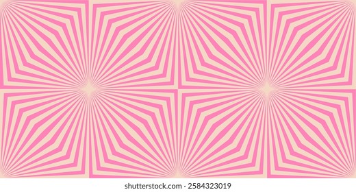 Funky hot pink and beige abstract geometric seamless pattern. Optical illusion effect. Vector texture with broken lines, stripes, burst, chevron, tiles. Op art background. All-over retro style design