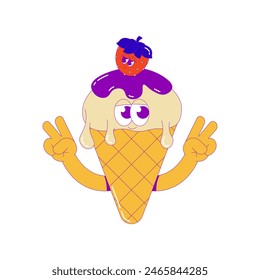 Funky ice cream with hands. A scoop of ice cream with chocolate in waffle cone and strawberry with cute faces. Cute character dessert mascot in groovy style. Vector surrealism illustration