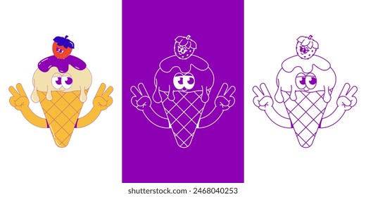 Funky ice cream with hands. A scoop of ice cream with chocolate in waffle cone and strawberry with cute faces. Cute character dessert mascot in groovy style. Vector surrealism illustration logo, brand