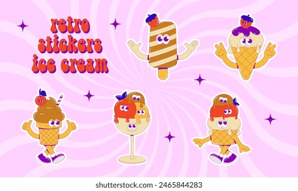 Funky ice cream mascot with cute faces, feets and hands. Funny character dessert stickers in groovy style. Vector surrealism illustration for menu cafe, restaurant