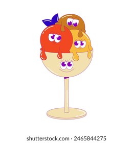 Funky ice cream. Three colored balls in bowl with funky faces. Cute character dessert mascot in groovy style. Vector surrealism illustration in bright colors