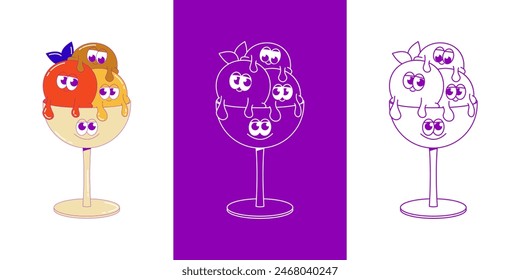 Funky ice cream. Three colored balls in bowl with funky faces. Cute character dessert mascot in groovy style. Vector surrealism illustration for logo, product branding