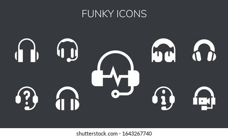 conjunto de iconos divertidos. 9 íconos funky llenos. Iconos de auriculares incluidos