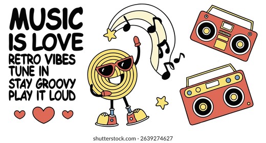 Funky illustration celebrating music and retro vibes with a smiling character cool sunglasses and a pair of red boomboxes