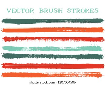 Funky ink brush strokes isolated design elements. Set of paint lines. Messy Ink brushe stripes isolated on white, vector color scheme samples.