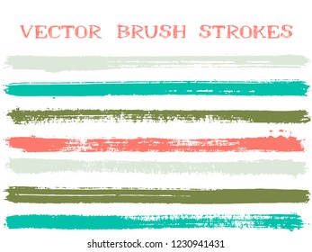 Funky ink brush strokes isolated design elements. Set of paint lines. Modern Ink brushe stripes isolated on white, vector colors guide book samples.