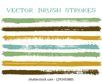 Funky ink brush strokes isolated design elements. Set of paint lines. Distressed Ink brushe stripes isolated on white, vector colors guide book samples.
