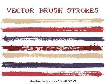 Funky ink brush strokes isolated design elements. Set of paint lines. Vintage Ink brushe stripes isolated on white, vector colors guide book samples.