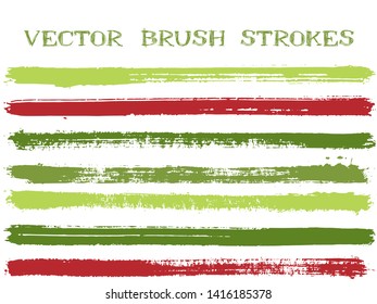 Funky ink brush strokes isolated design elements. Set of paint lines. Retro Ink brushe stripes isolated on white, vector color scheme samples.