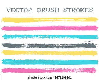 Funky ink brush strokes isolated design elements. Set of paint lines. Messy Ink brushe stripes isolated on white, vector color palette samples.