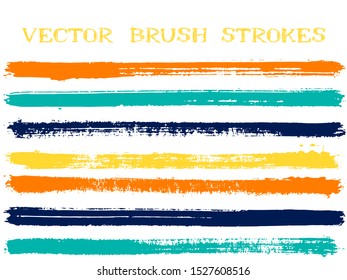 Funky ink brush strokes isolated design elements. Set of paint lines. Creative Ink brushe stripes isolated on white, vector color scheme samples.