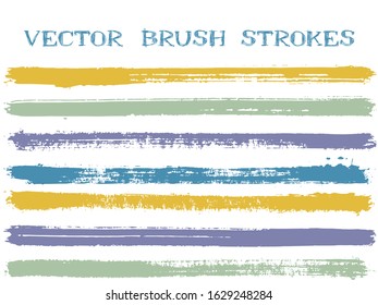 Funky ink brush strokes isolated design elements. Set of paint lines. Advertising Ink brushe stripes isolated on white, vector colors guide book samples.