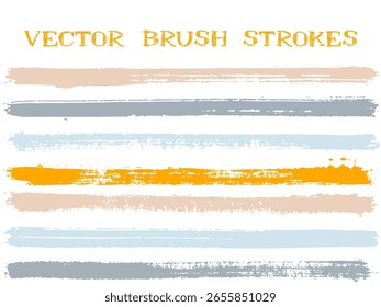 Funky ink brush strokes isolated design elements. Set of paint lines. Urban Ink brushe stripes isolated on white, vector color palette samples.