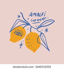 Funky Italian illustration vacation with lemons on tree branch fruit. Italy mediterranean fruits vacay modern lettering Amalfi coast doodle food hand drawn vector, cafe or restaurant. 3D Illustration