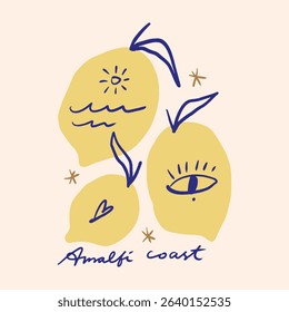 Funky Italian illustration vacation with lemons on tree branch fruit. Italy mediterranean fruits vacay modern lettering Amalfi coast doodle food hand drawn vector, cafe or restaurant. 3D Illustration