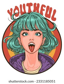 funky japanese girl sticking out tongue vector illustration white background 