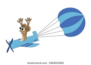 Funky joke design for air show banner. Cute monkey in the airplane isolated white. Steep dive concept. Simple kids vector illustration. Editable stroke