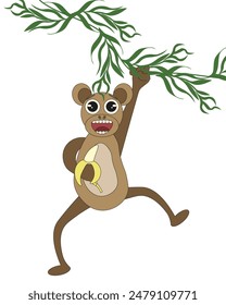 Funky Kawaii monkey in the jungle. Cute design print for children's t-shirt and clothes. Simple naive Monkey isolated white background. Vector illustration can used fabric decor. Editable stroke.