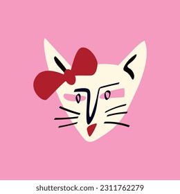 Funky kitty with a lovely face. Freaky comic cat face. Bizarre Valentine's Day Card in modern cartoon style