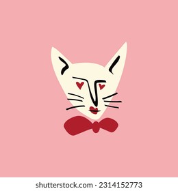 Funky kitty with a lovely face. Freaky comic cat face. Bizarre Valentine's Day Card in modern cartoon style